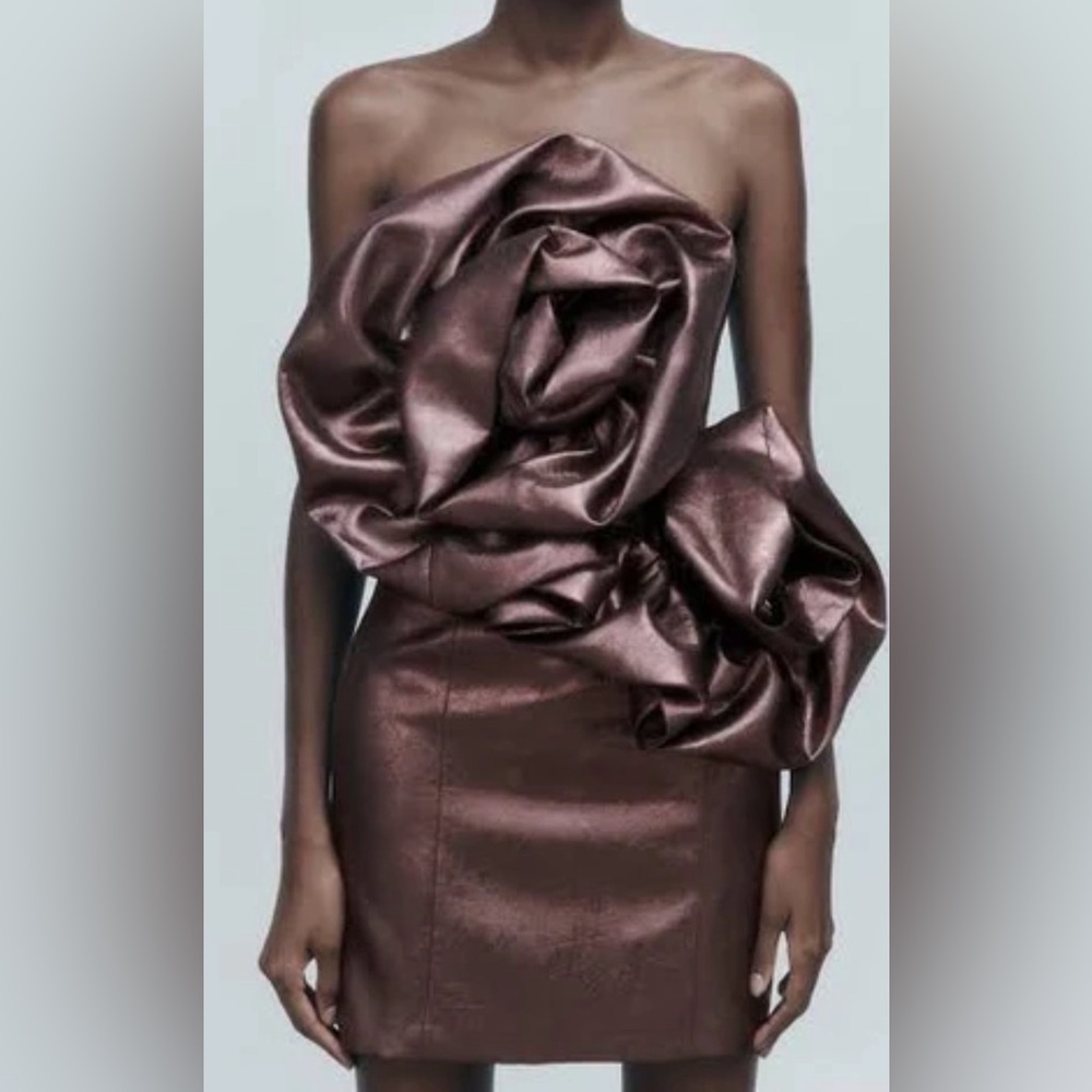 Bronze Zara shimmering Voluminous Flower Mini Dress Size L Ref 7699/308